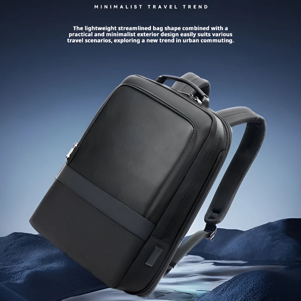 Men's commuter nylon backpack in black with stitched design and 20-35 litre capacity