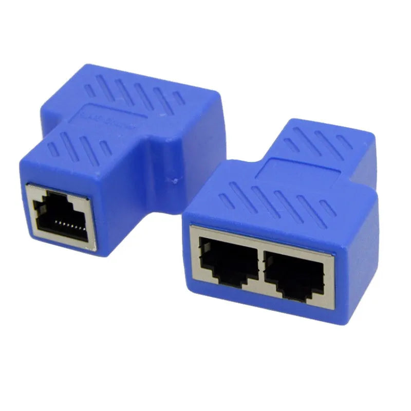 Two white RJ45 network tee splitters, one male to two female ports.