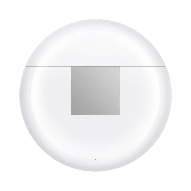 White Wireless Budz5 Bluetooth semi-in-ear headphones and their charging case on a table.