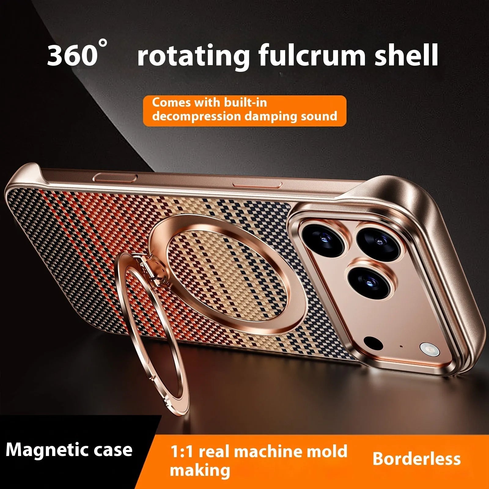Aramid fibre frameless phone case with aluminium alloy frame, built-in bracket, and magnetic suction for iPhone 15 Pro Max