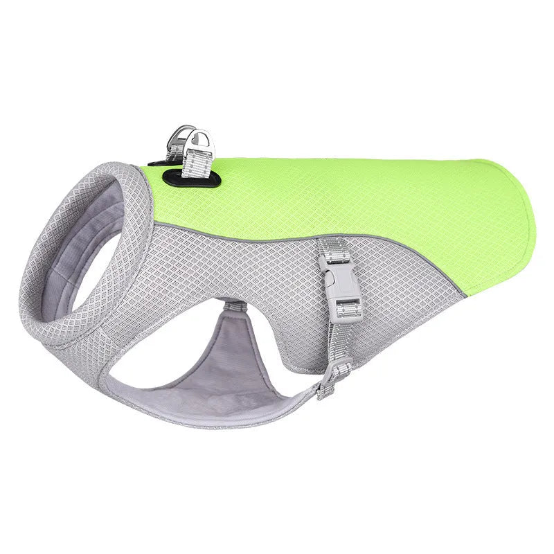 Orange dog cooling vest with layered evaporation system for summer heat protection during outdoor walks