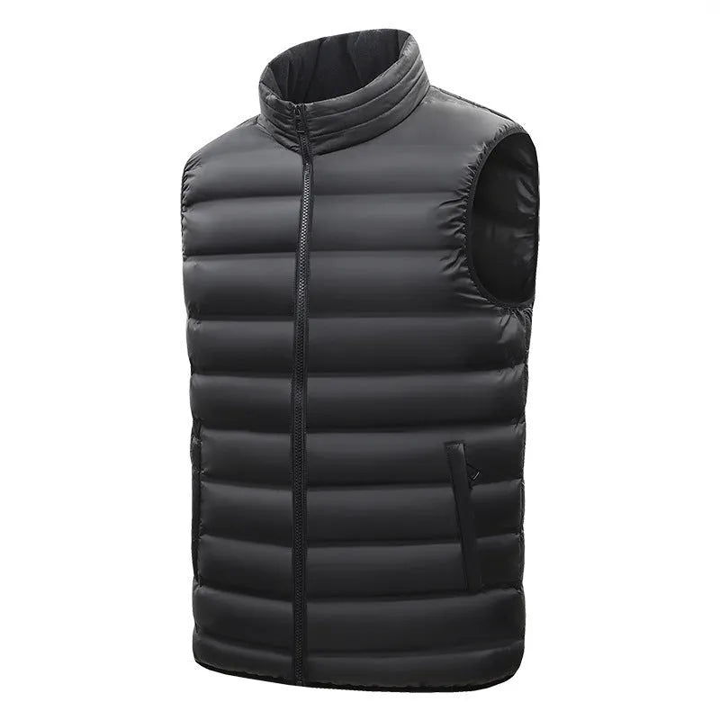 Men's thin cotton-padded vest with stand-up collar, zipper pockets, straight hem, available in black and other colours