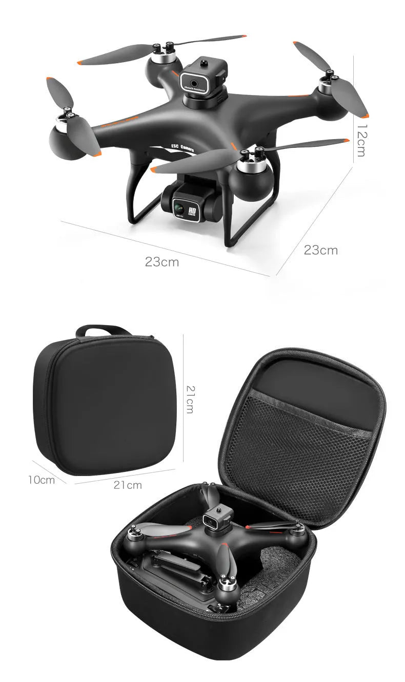 Black S116 brushless drone with four rotors and a camera, shown next to its remote control.