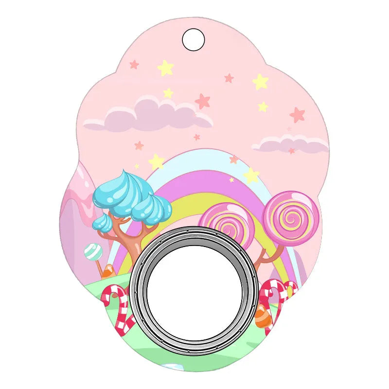 Plastic fidget spinner keychain with printed design on a keyring