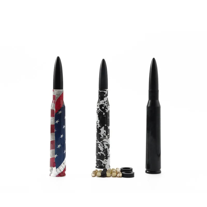 14cm long bullet car antenna in black, camouflage green, and American flag design options
