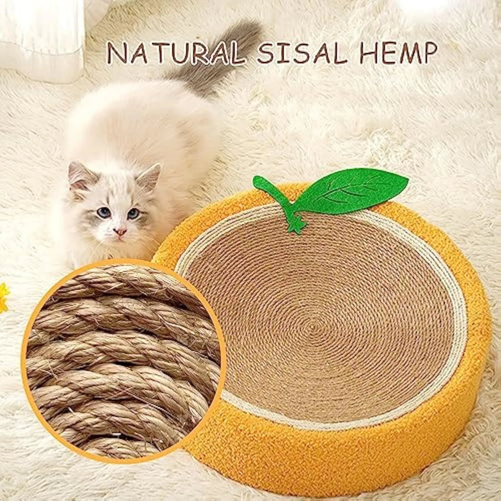 A round yellow fruit-themed cat scratching board and bed made from sisal material.