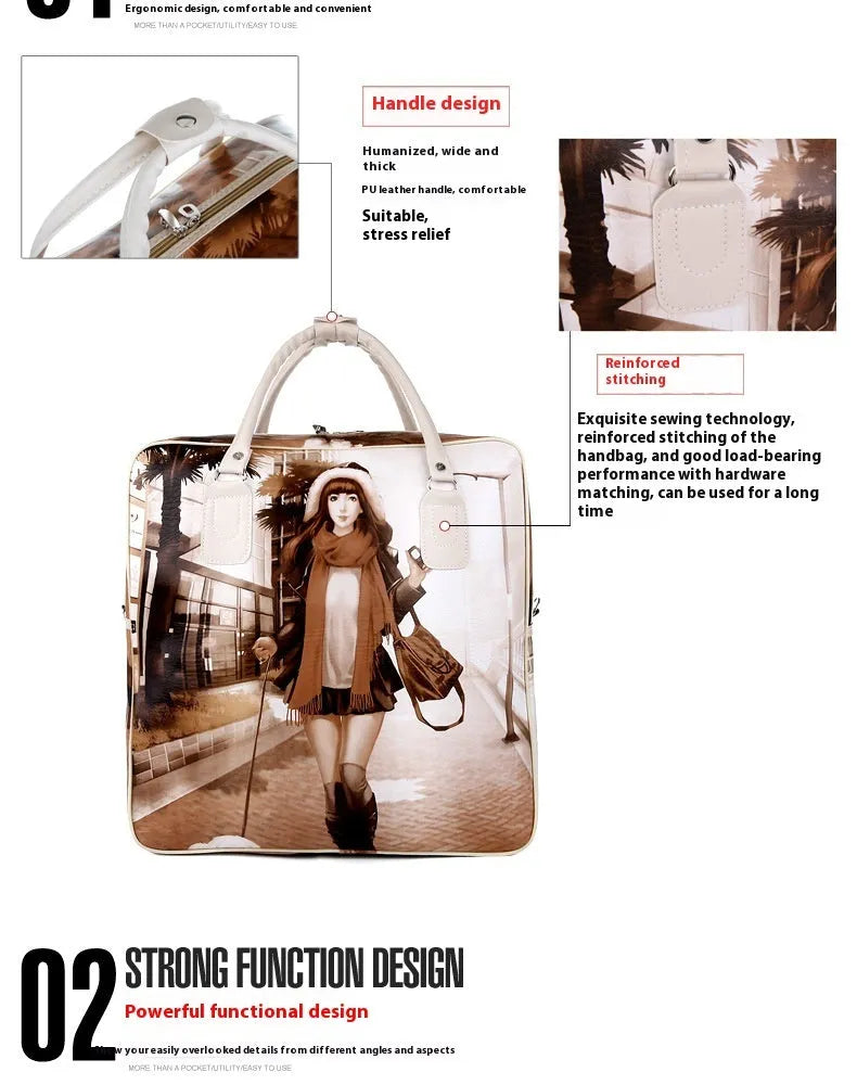 College style travel handbag in cartoon cute design with three-dimensional pockets and soft handles