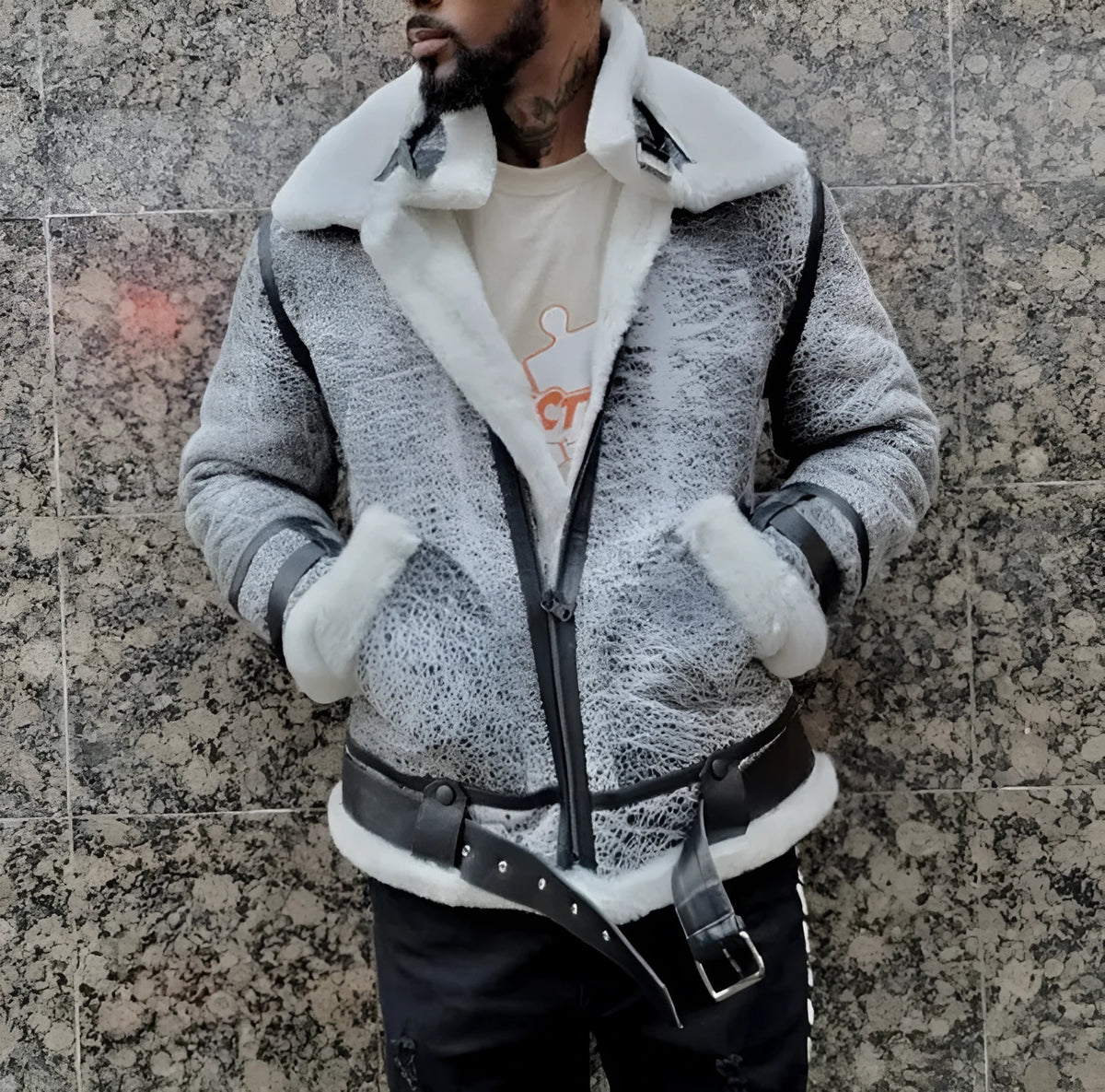 Men's grey polyester jacket with big fur collar, plus velvet thickening, loose fit, lapel collar and zip placket