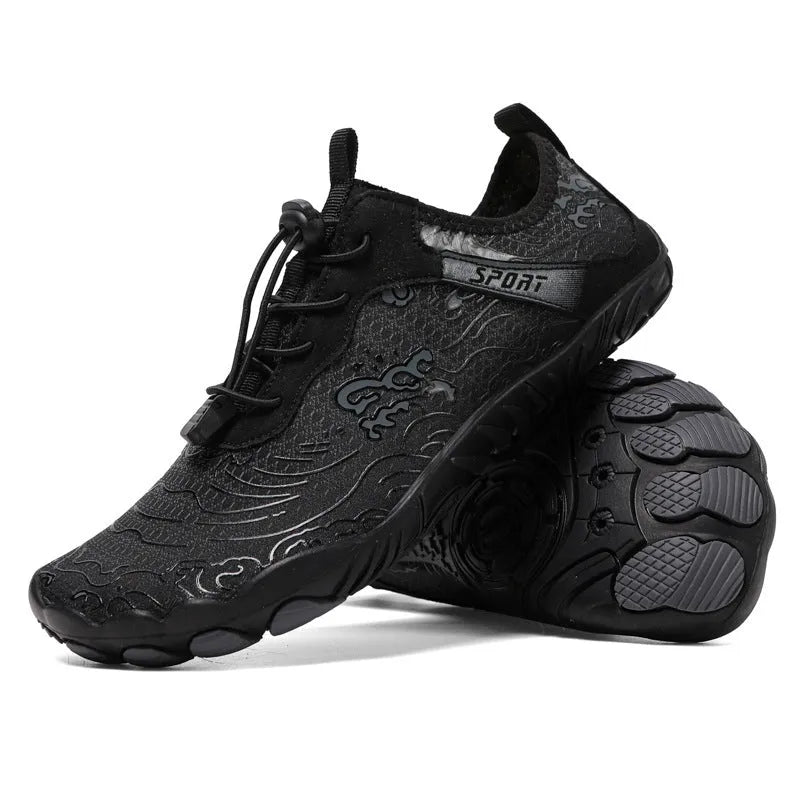 Outdoor hiking shoes with a front strap fastening and a non-slip sole with visible nails.