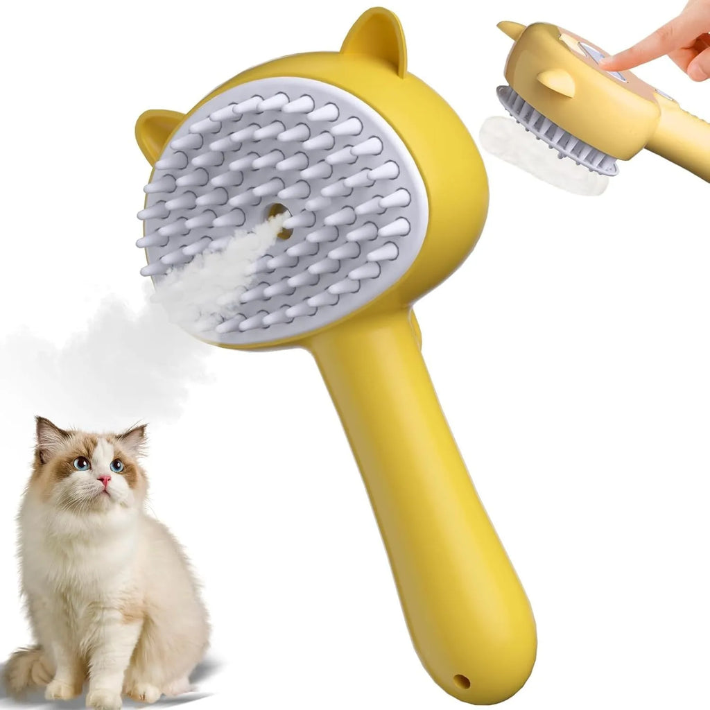 Cat ear-shaped steam grooming brush with ergonomic handle and coloured bristles