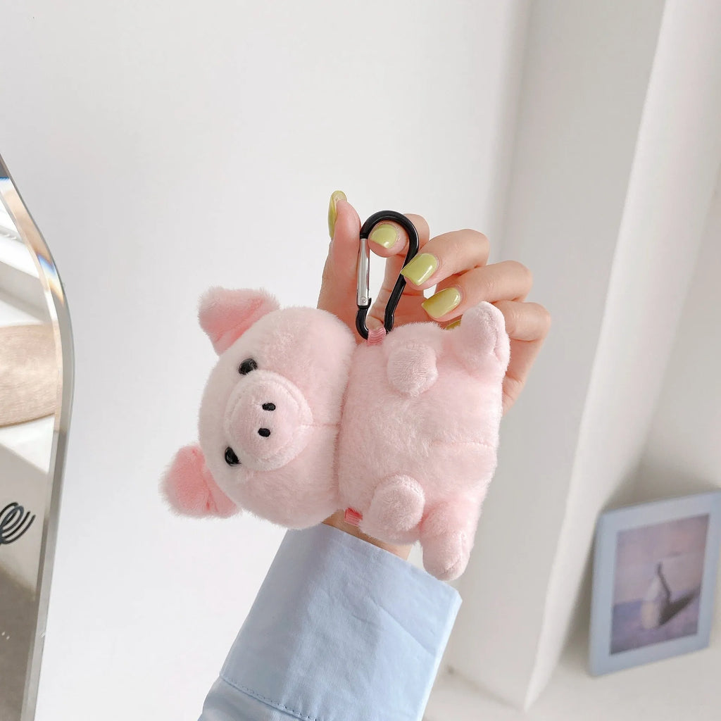 Pink pig cartoon plush earphone case for Apple AirPods 1 2, PC protective back cover