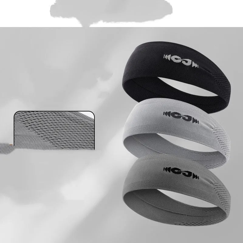 Seamless knitted sports hair band for men and women in black, grey, and blue.