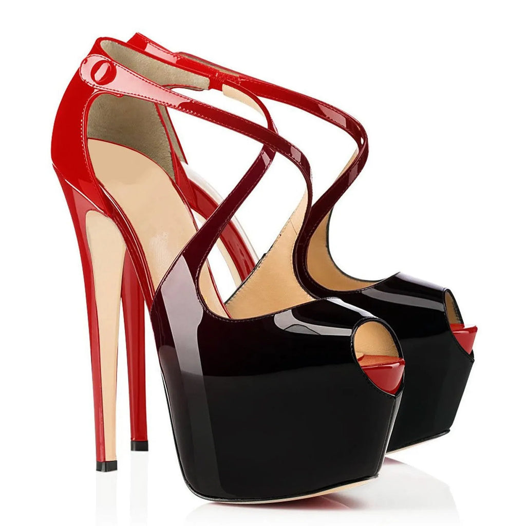 Women's black and red peep toe high heel shoes with a cross strap and super high heel.
