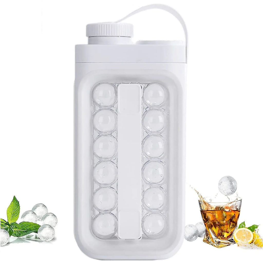 Light blue and white portable ice ball kettle with quick release mould, shown making 17 ice balls.