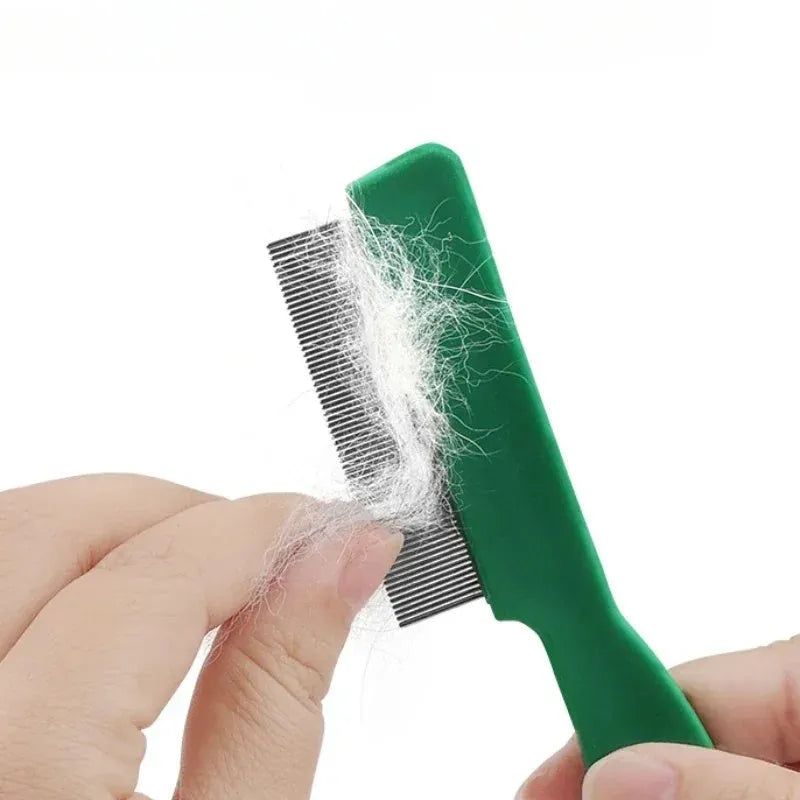 Green pet flea comb with stainless steel pins and plastic handle for dogs and cats grooming