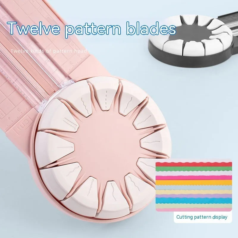 A pink plastic 12-in-1 multifunctional paper cutter with a dotted design on a flat surface.