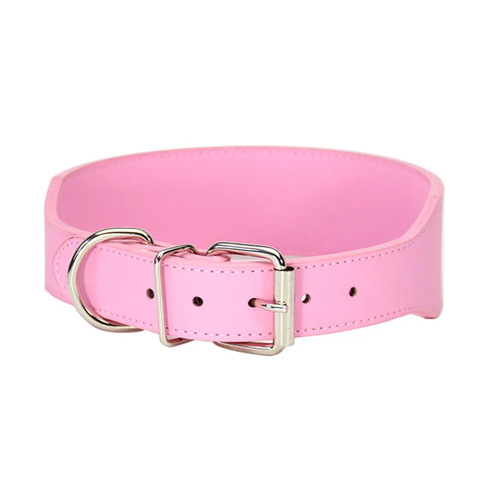 Fish-shaped leather dog collar for large dogs in assorted colours on a white background.
