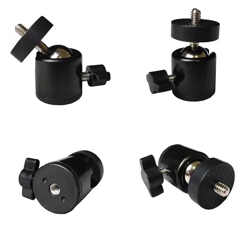 Metal tripod head with 360-degree rotating adjustment bracket and 1/4-inch universal thread