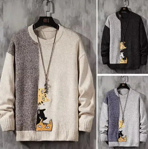 Fleece-lined thickened knitwear sweater in black, grey, and khaki colours, leisure-style polyester top