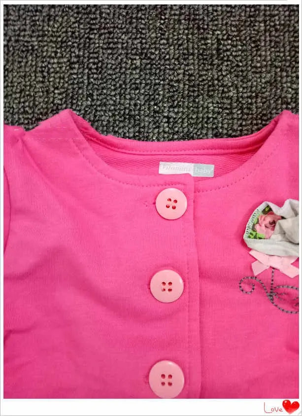 Girls' floral coloured cotton two-piece suit in rose red with single-breasted top and matching pants, sizes 18M and 24M