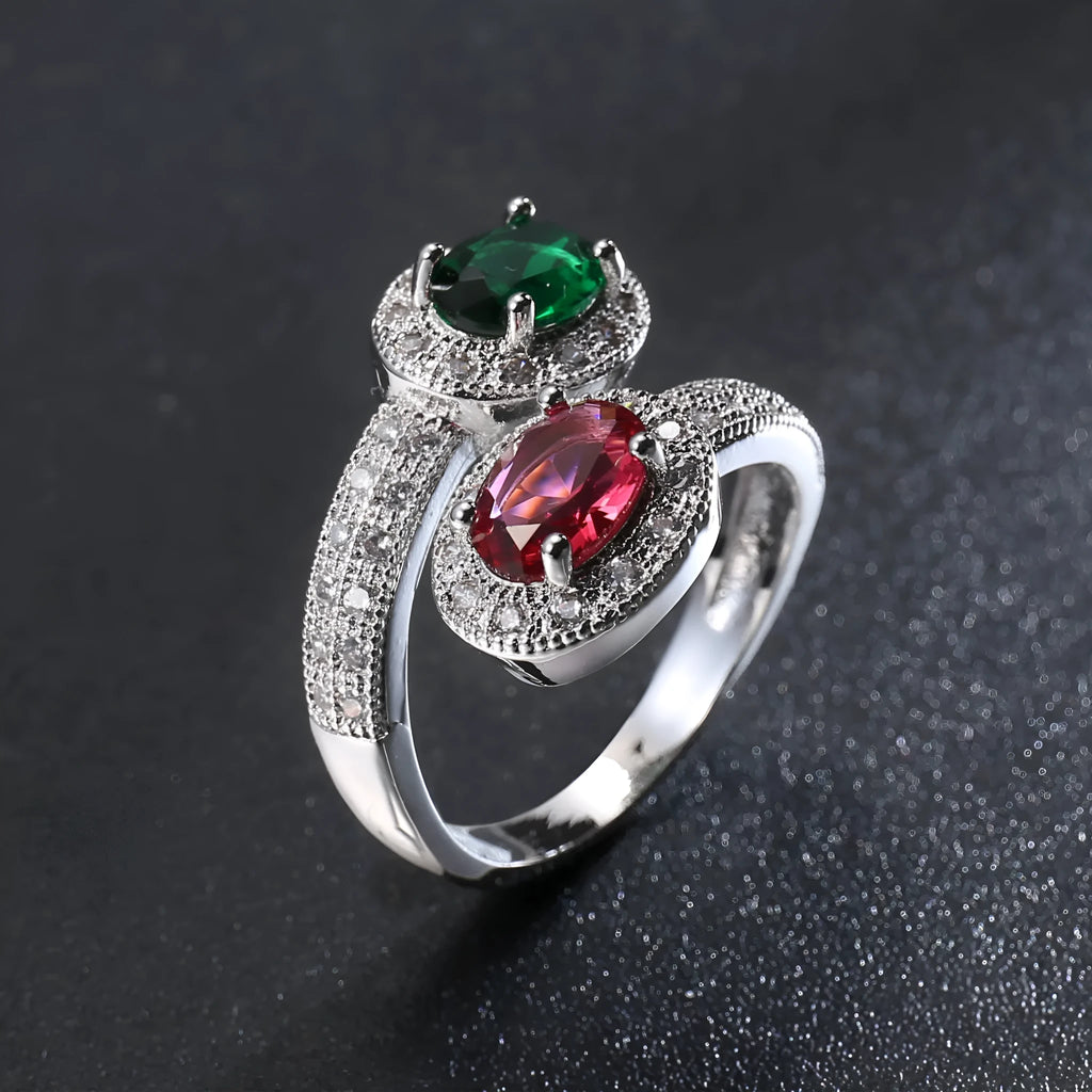 Copper ring with zircon stone, electroplated finish, rose emerald colour, women's size No8