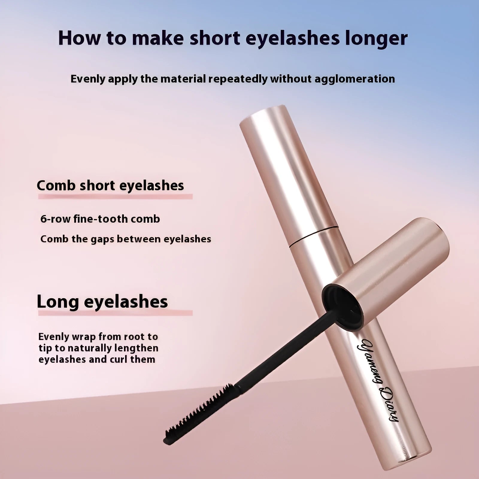 Long curling mascara with curved brush applicator in black and brown colour options