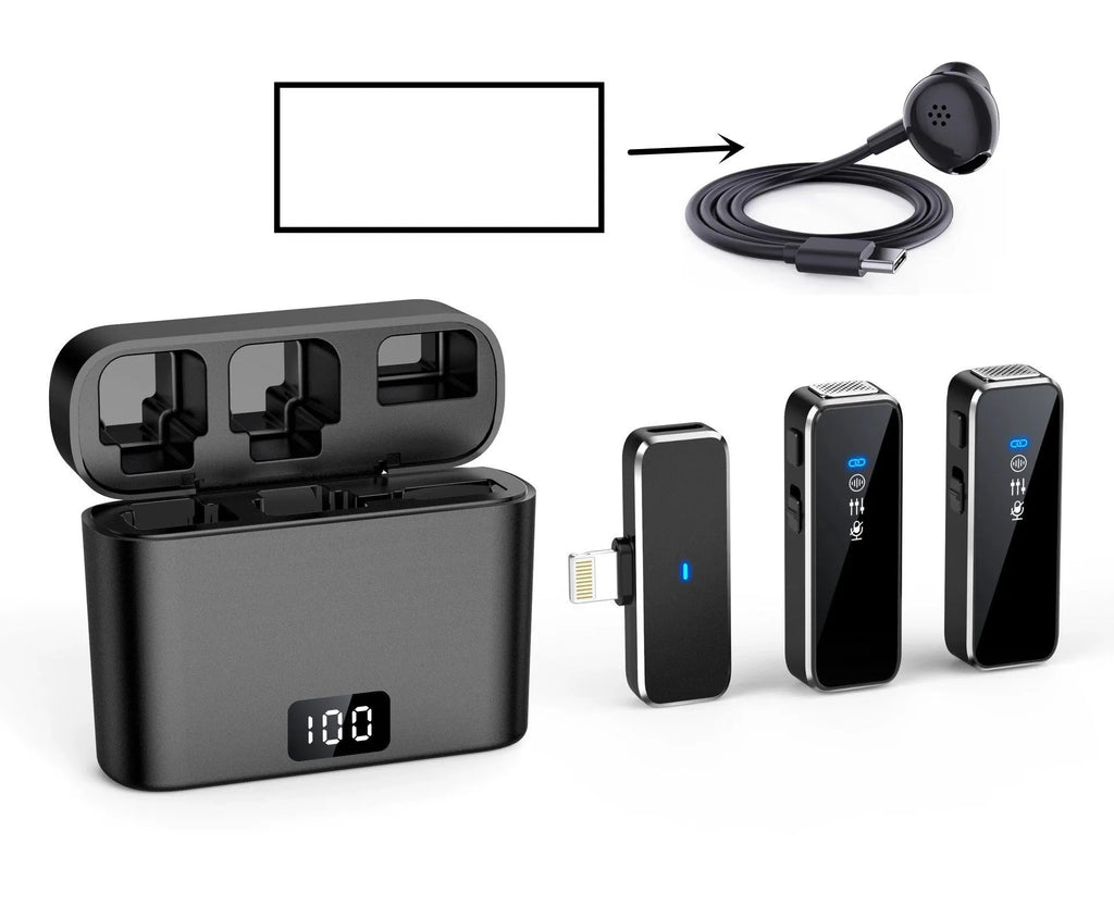 Wireless collar clip microphone with noise reduction, compact 7.7x6.2x2.7 cm, omni-directional pickup, USB 5V input