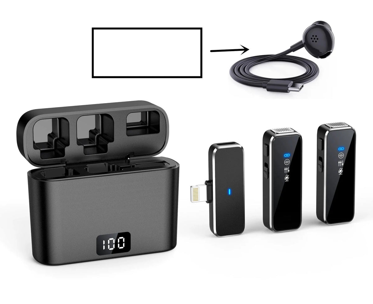 Wireless collar clip microphone with noise reduction, compact 7.7x6.2x2.7 cm, omni-directional pickup, USB 5V input