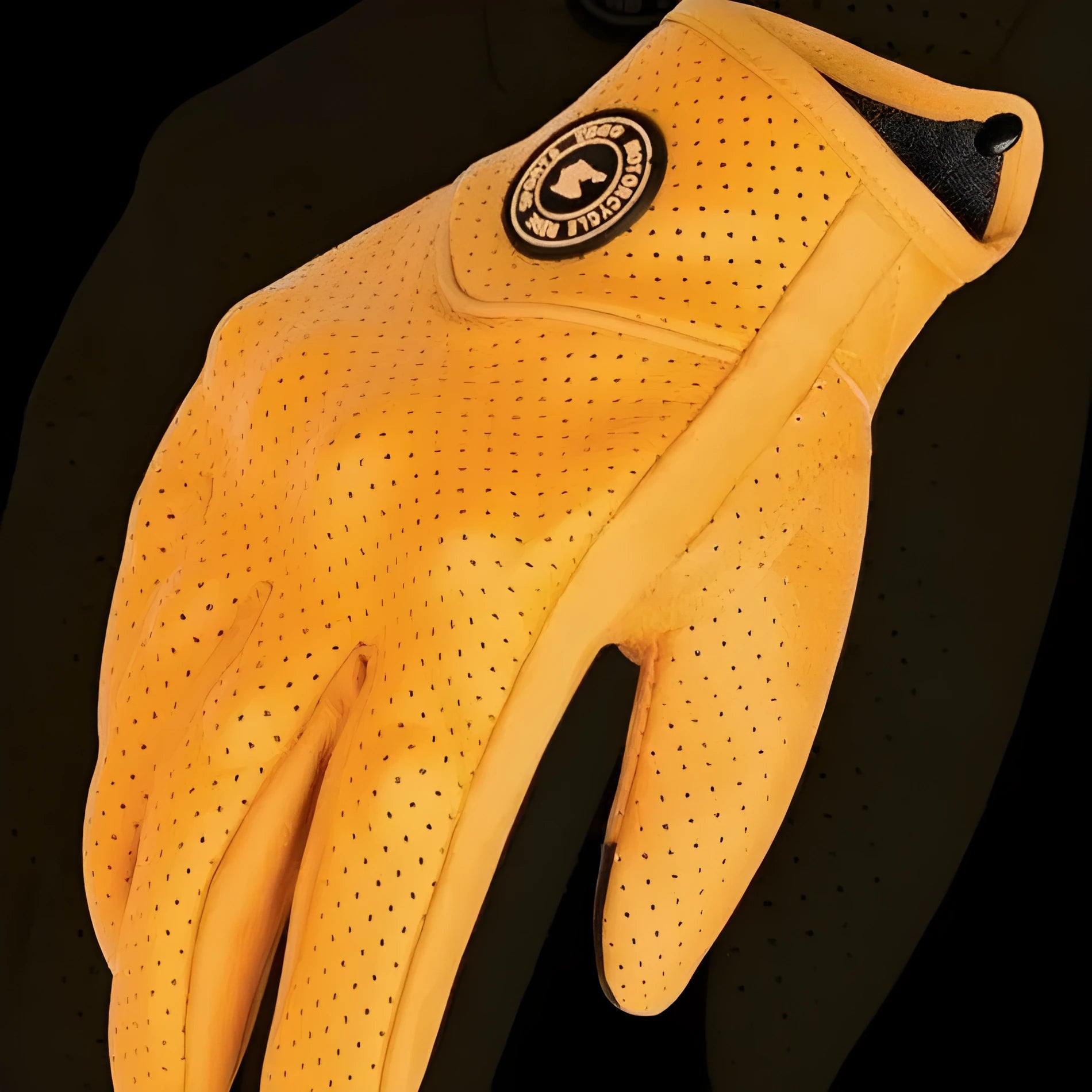 Yellow genuine leather motorcycle gloves on display showing retro biker style with stitched detail