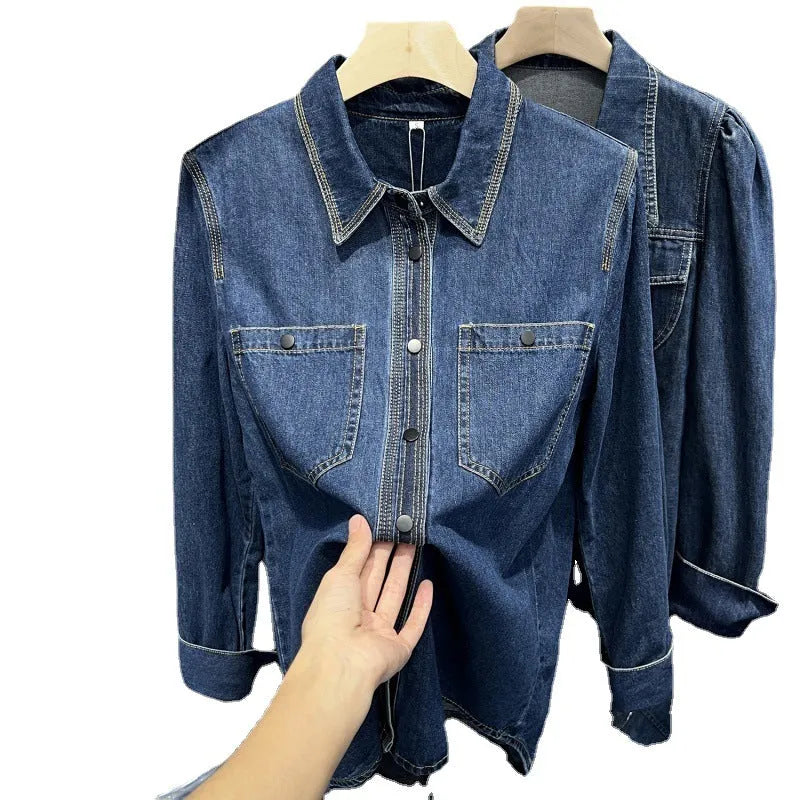 Layered retro denim top for women, long sleeves, polyester, available in sizes S to 2XL