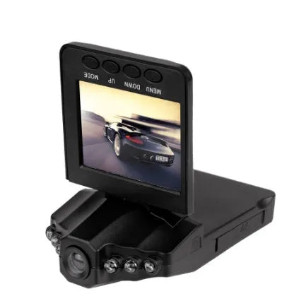 H198 black car dash cam with six infrared lights on front, shown on a windshield.
