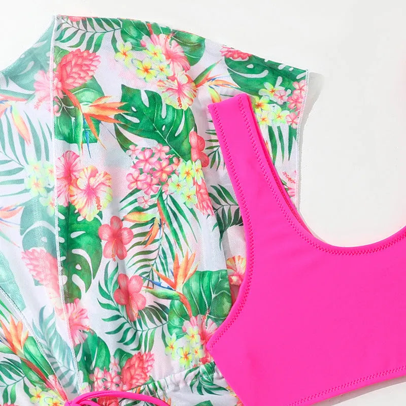 Girls floral two-piece polyester swimsuit for swimming, sizes 130cm to 160cm.