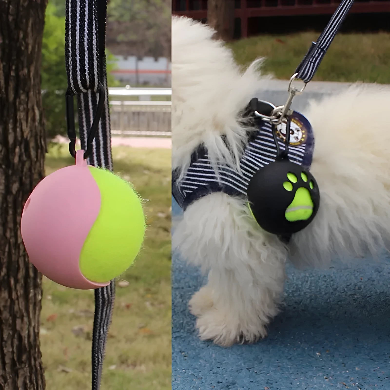 Portable tennis ball sheath for dogs, available in multiple colours, holds a standard tennis ball securely