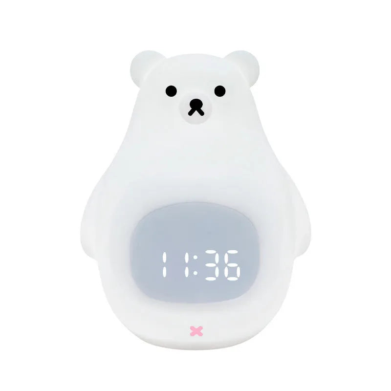 Big White Bear shaped silicone night light with remote control on a wooden bedside table