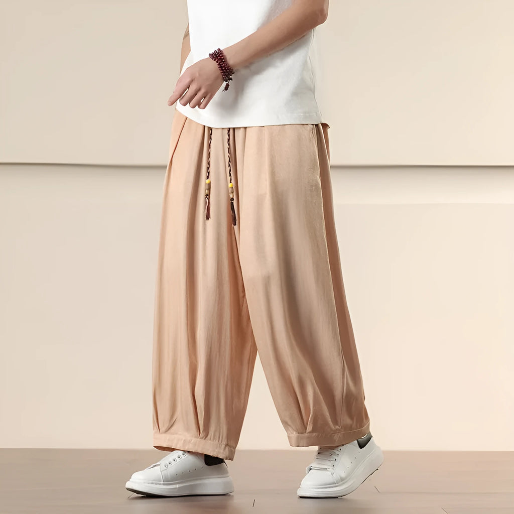 Men's retro straight-leg harem pants, cropped length, solid colour, chemical fibre blend, casual style