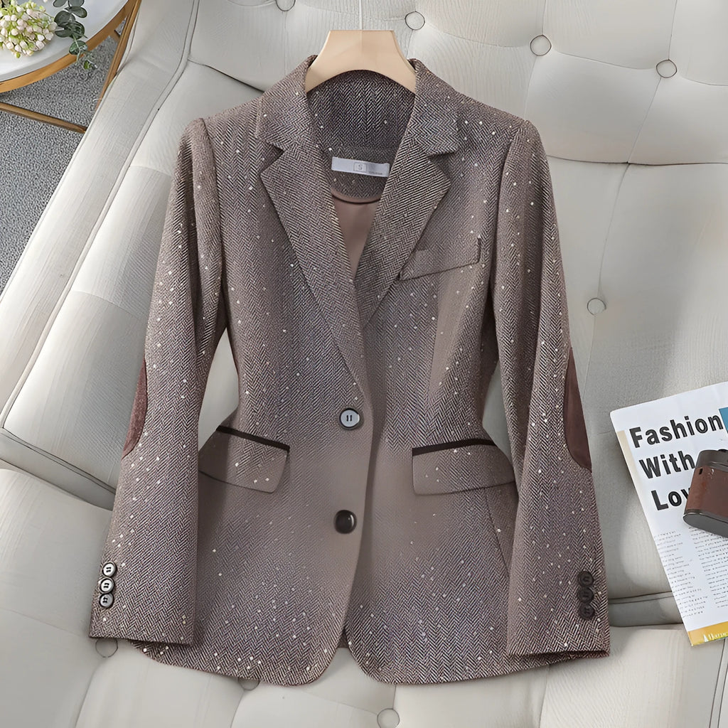 Women's Korean-style houndstooth blazer in coffee colour, long sleeve, polyester fabric, front view
