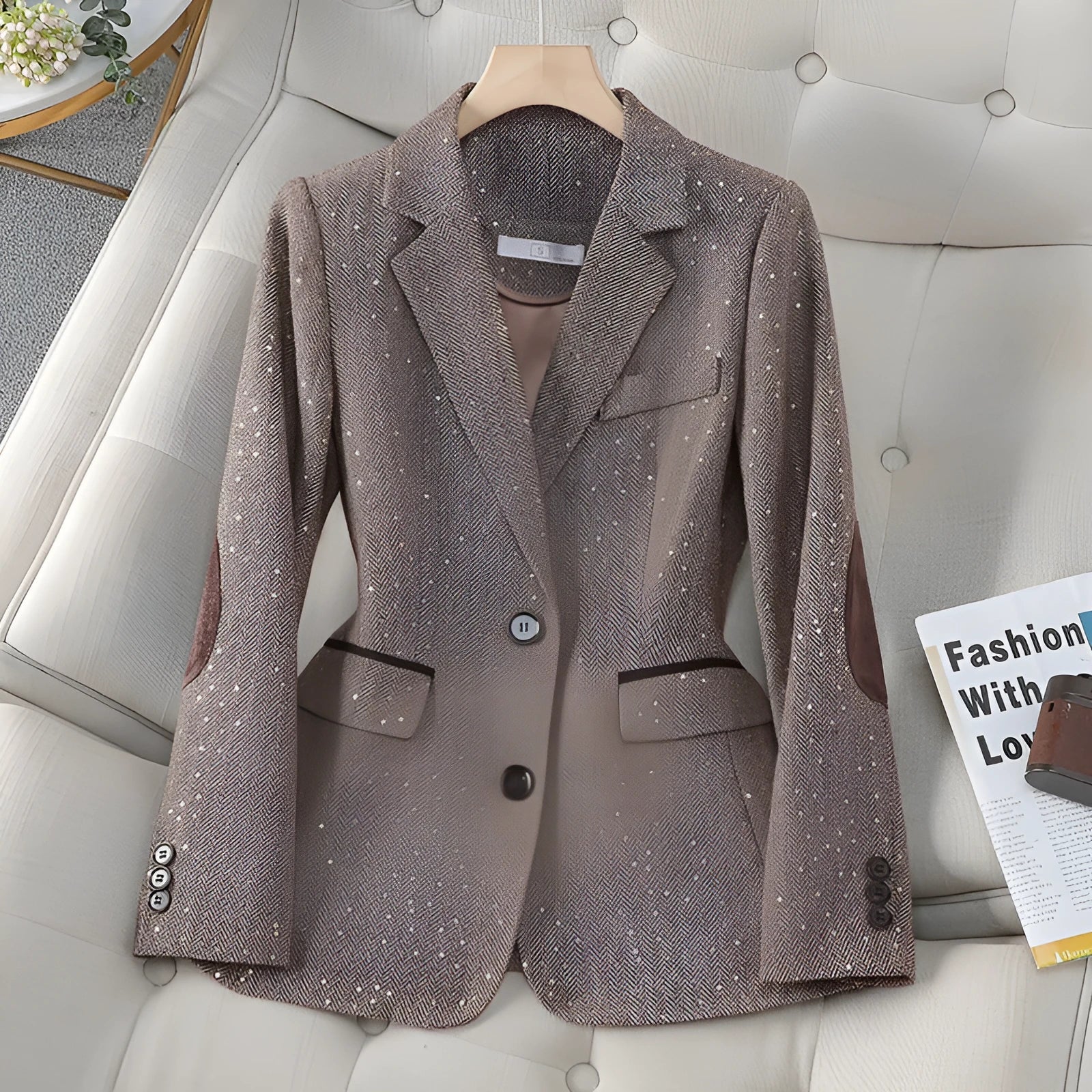 Women's Korean-style houndstooth blazer in coffee colour, long sleeve, polyester fabric, front view