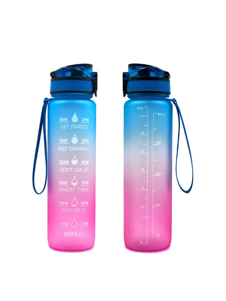 Transparent 1000ml plastic water bottle showing clear Tritan construction with visible liquid