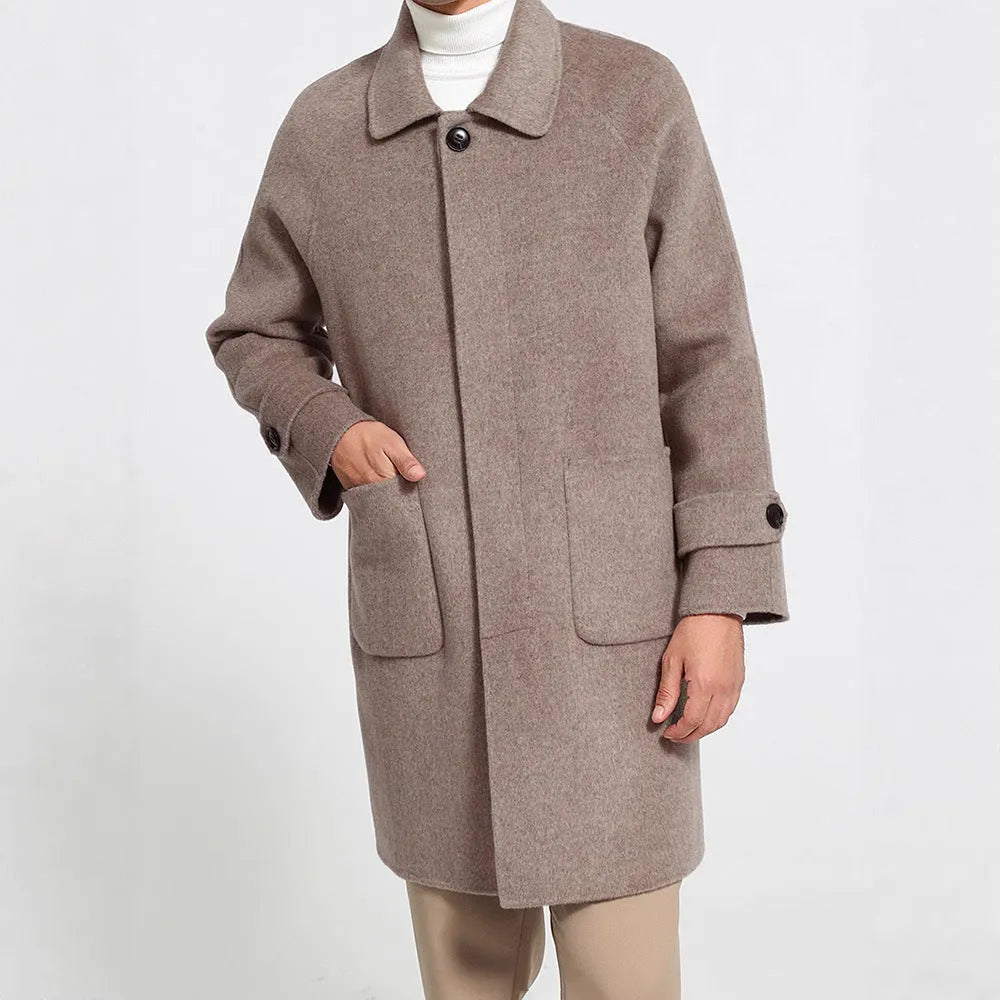 Men's reversible wool coat in black, single-breasted mid-length baggy fit with wool lining
