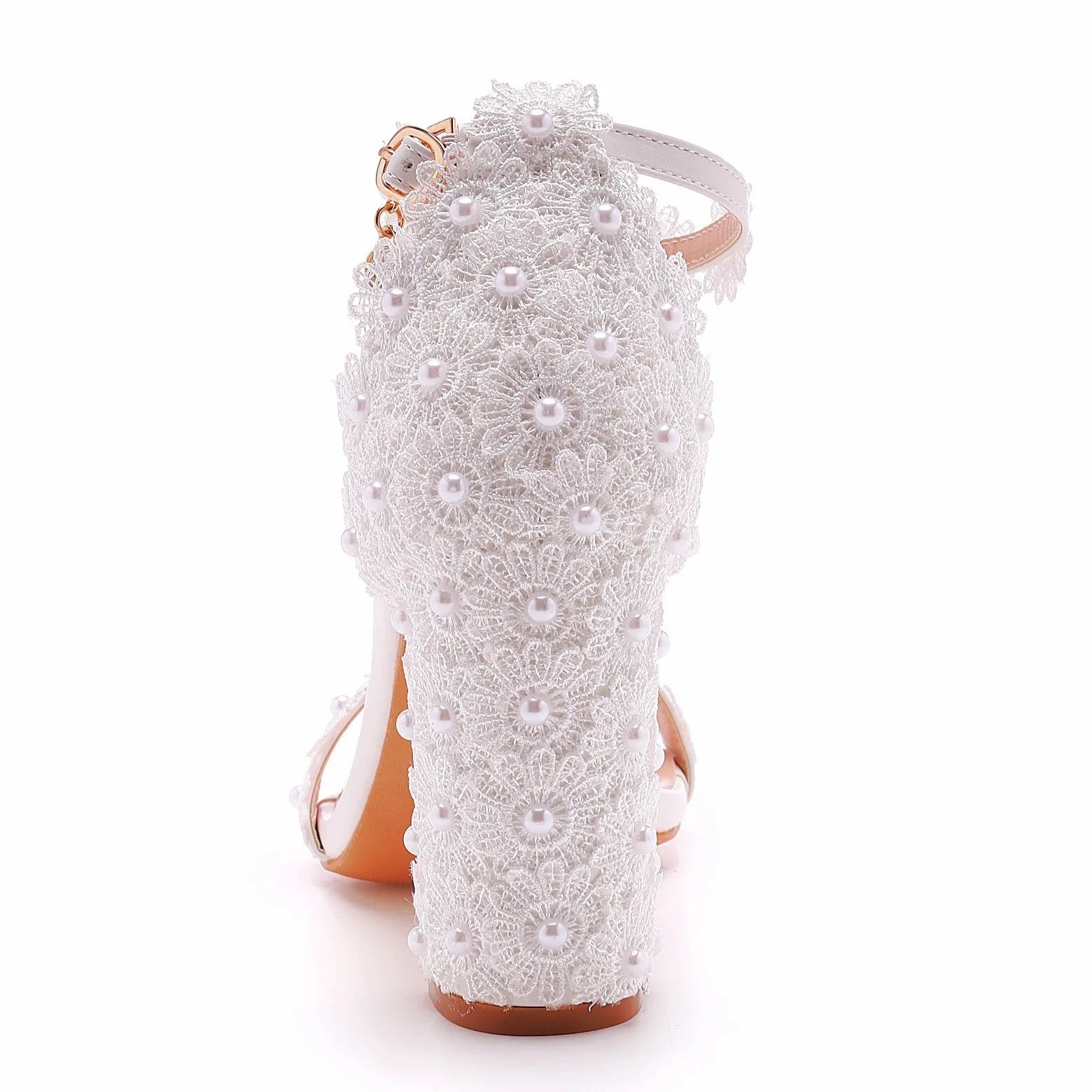 Women's shallow mouth square heel sandals with bead detail, white colour, PU upper