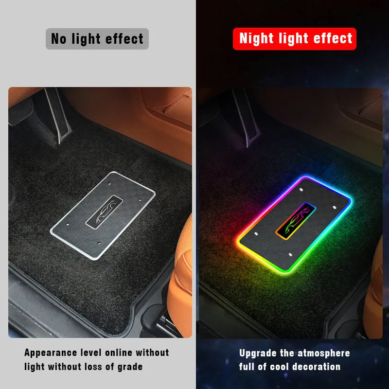 Car foot mat ambient light with Bluetooth RGB and acrylic leather panel showing plaid pattern