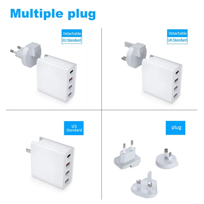 A white multi-port USB fast charger with UK plug and multiple USB-C and USB-A ports on a wooden table.