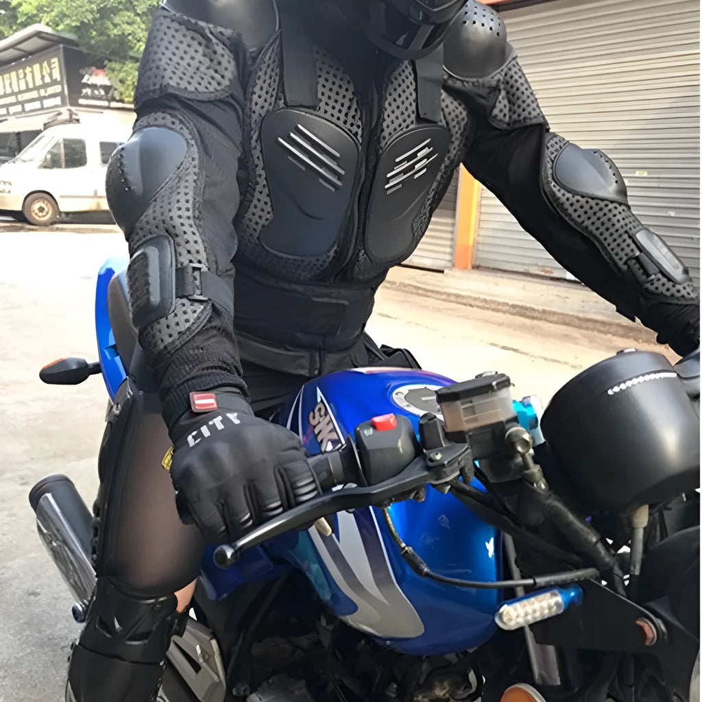 Black motorcycle armour protection jacket with plastic fall protection panels, solid colour, on white background