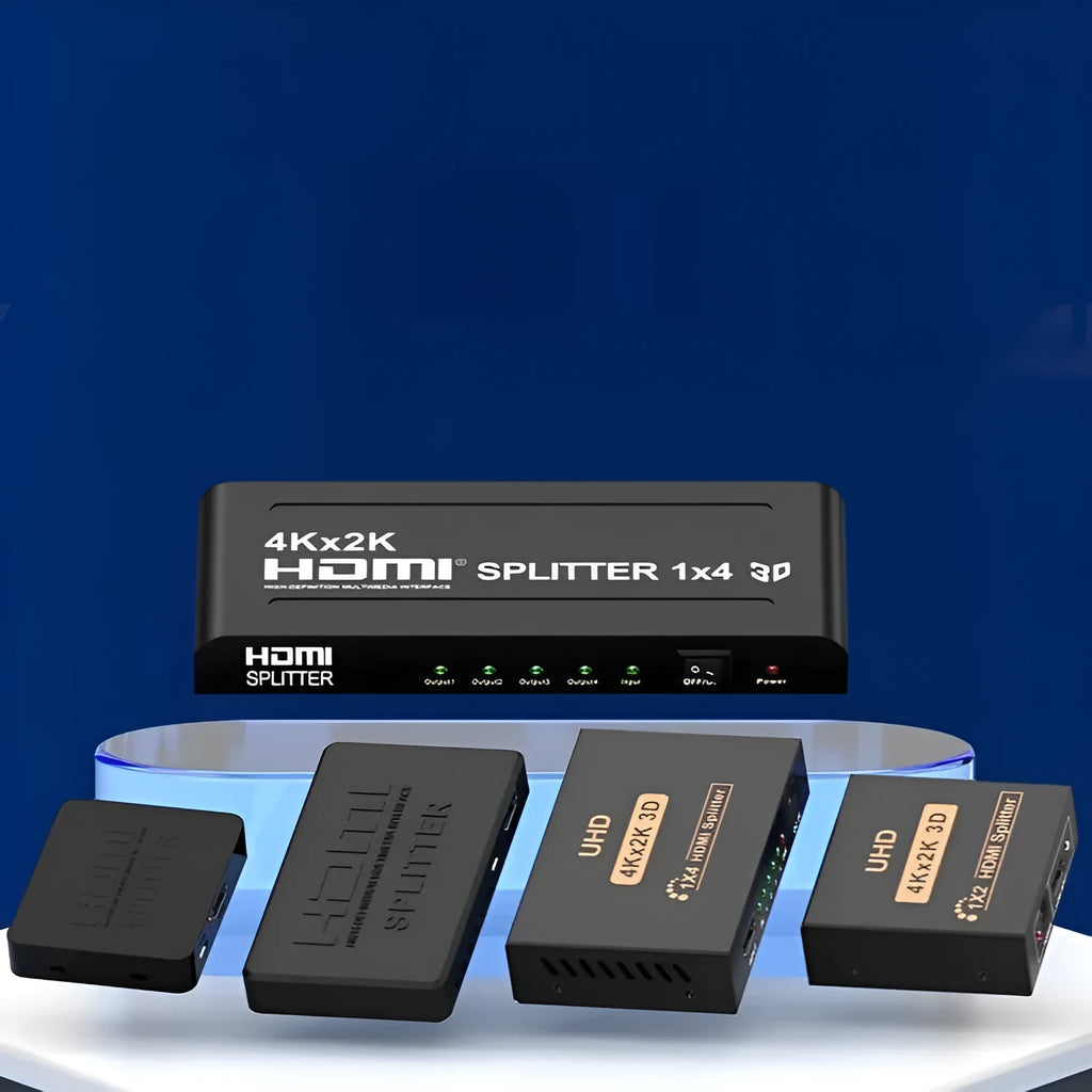 HDMI splitter host unit with USB power lead for duplicating 4K or 1080P signal to two displays