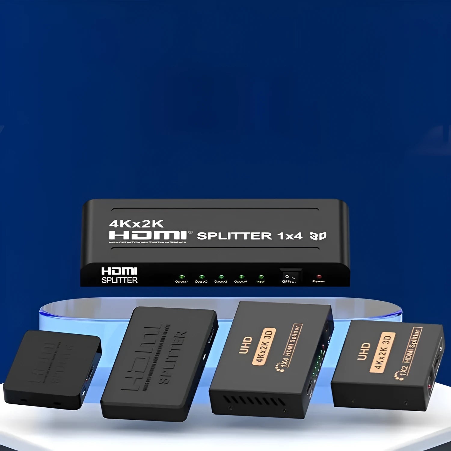 HDMI splitter host unit with USB power lead for duplicating 4K or 1080P signal to two displays