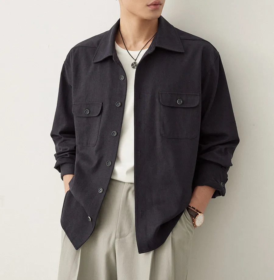 Men's simple lapel shirt in chemical fibre blend, shown in light sand rice colour