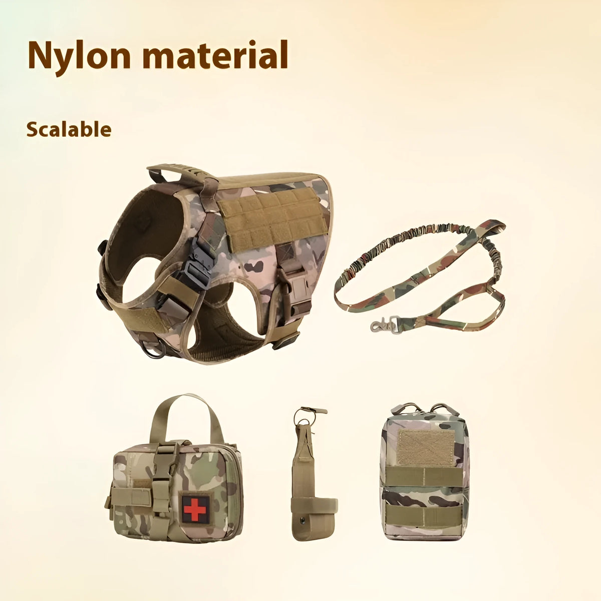 Outdoor tactics five-piece dog harness set in polyester camouflage, available in four colours and sizes S to XL