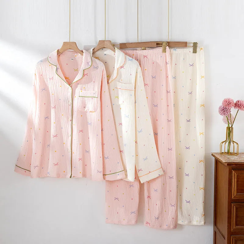 Women's cotton crepe pajamas suit in pink with long sleeves and trousers