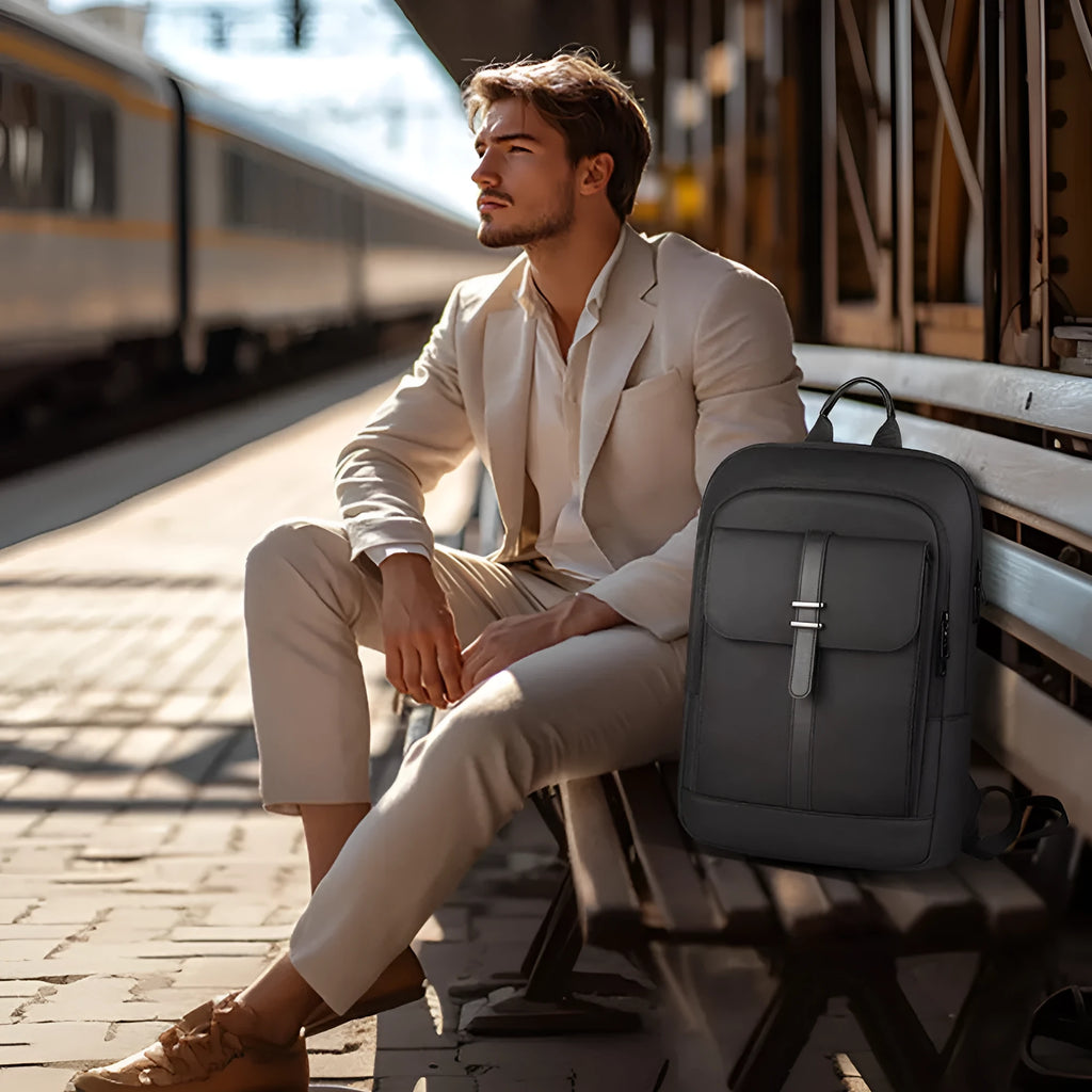 Black Oxford cloth business backpack with polyester lining for daily commuting