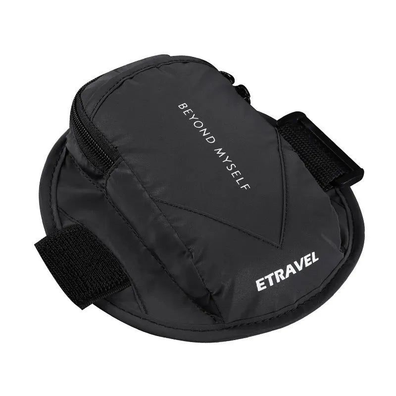 Black reflective running arm bag with adjustable strap, shown holding a mobile phone.